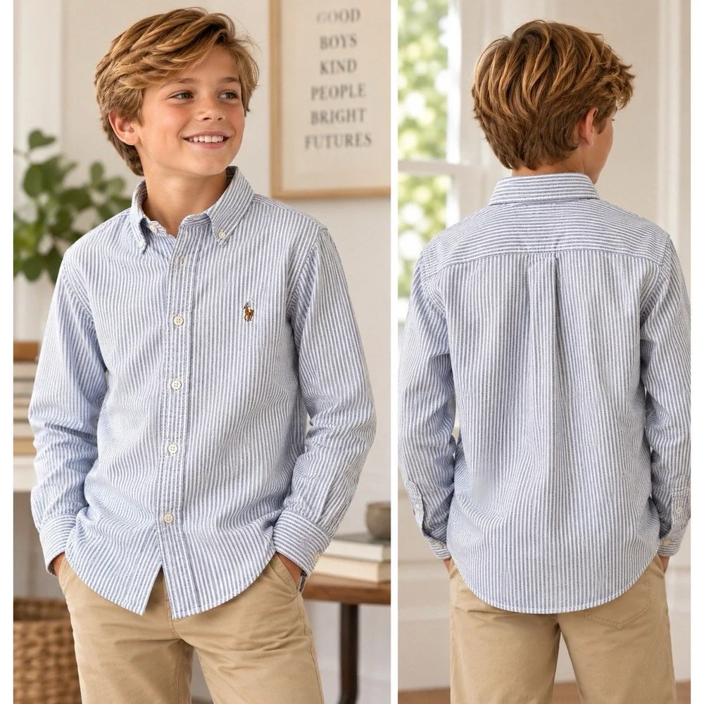 Ralph Lauren Boys 12 Blue White Stripe Oxford Shirt 100% Cotton Pony Preppy
